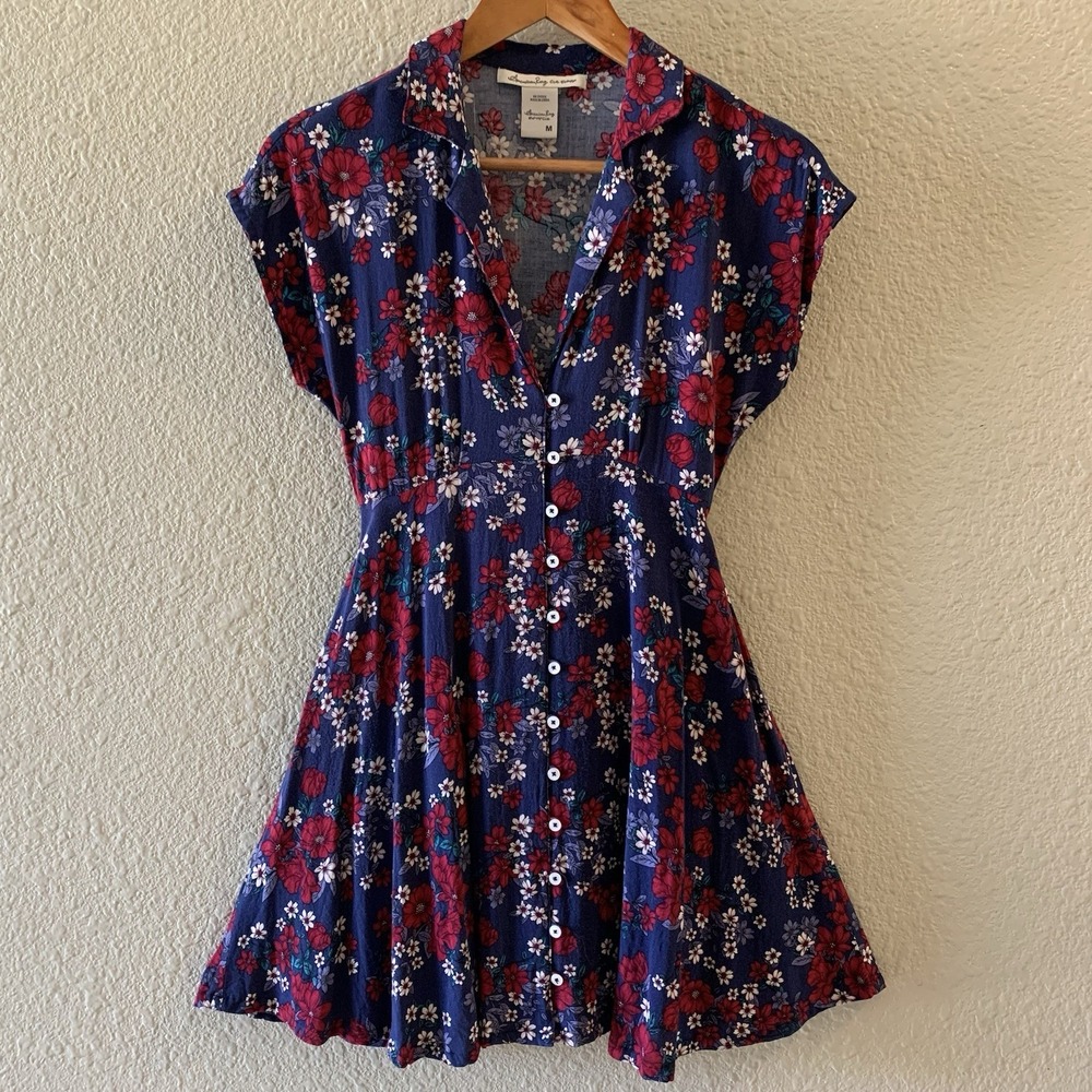 Floral Button-Up Dress - Blue and Red